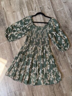 Angie Olive Green Floral Smocked Mini Dress NWT Lg